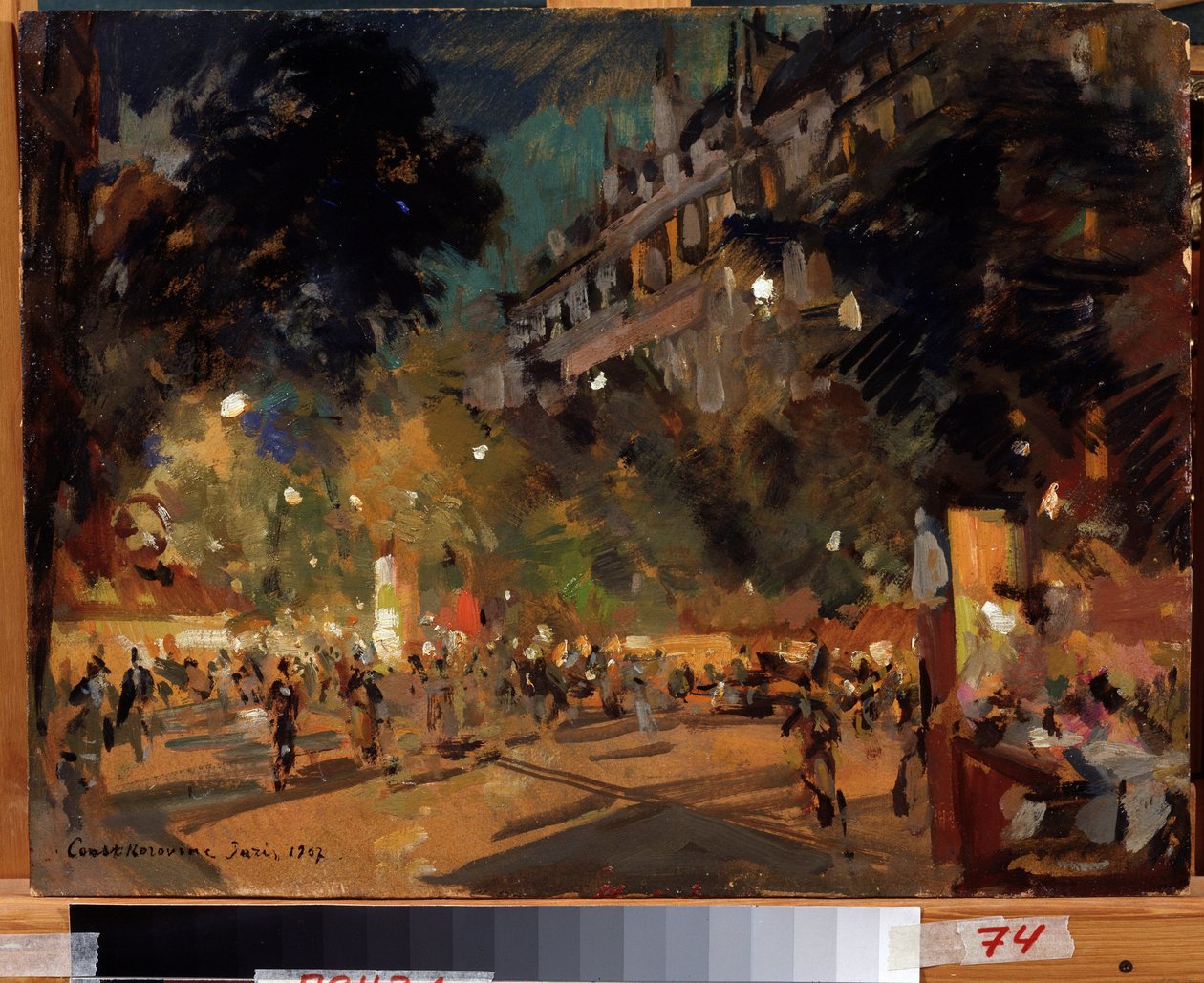 باريس ، فرنسا (باريس). وصف Boulevard Montmartre والرسوم المتحركة الخاصة به في أمسية صيفية. لوحة لكونستانتين أليكسييفيتش كوروفين (قسطنطين كوروفين) (1861-1939) ، زيت على قماش بواسطة كونستانتين ألكسيفيتش كوروفين