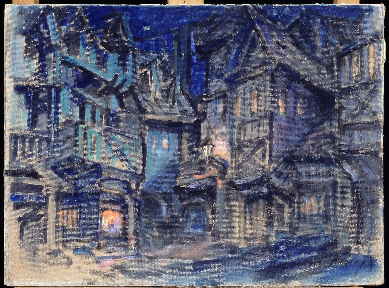 تصميم المسرح لباليه إزميرالدا من تأليف أنطون سيمون (1851-1916) (تصميم المسرح لرقصة الباليه إزمارالدا من تأليف إيه سيمون). عمل قسطنطين أليكسييفيتش كوروفين (كونستانتين كوروفين) (1861-1939) ، تمبرا على ورق مقوى بواسطة كونستانتين ألكسيفيتش كوروفين