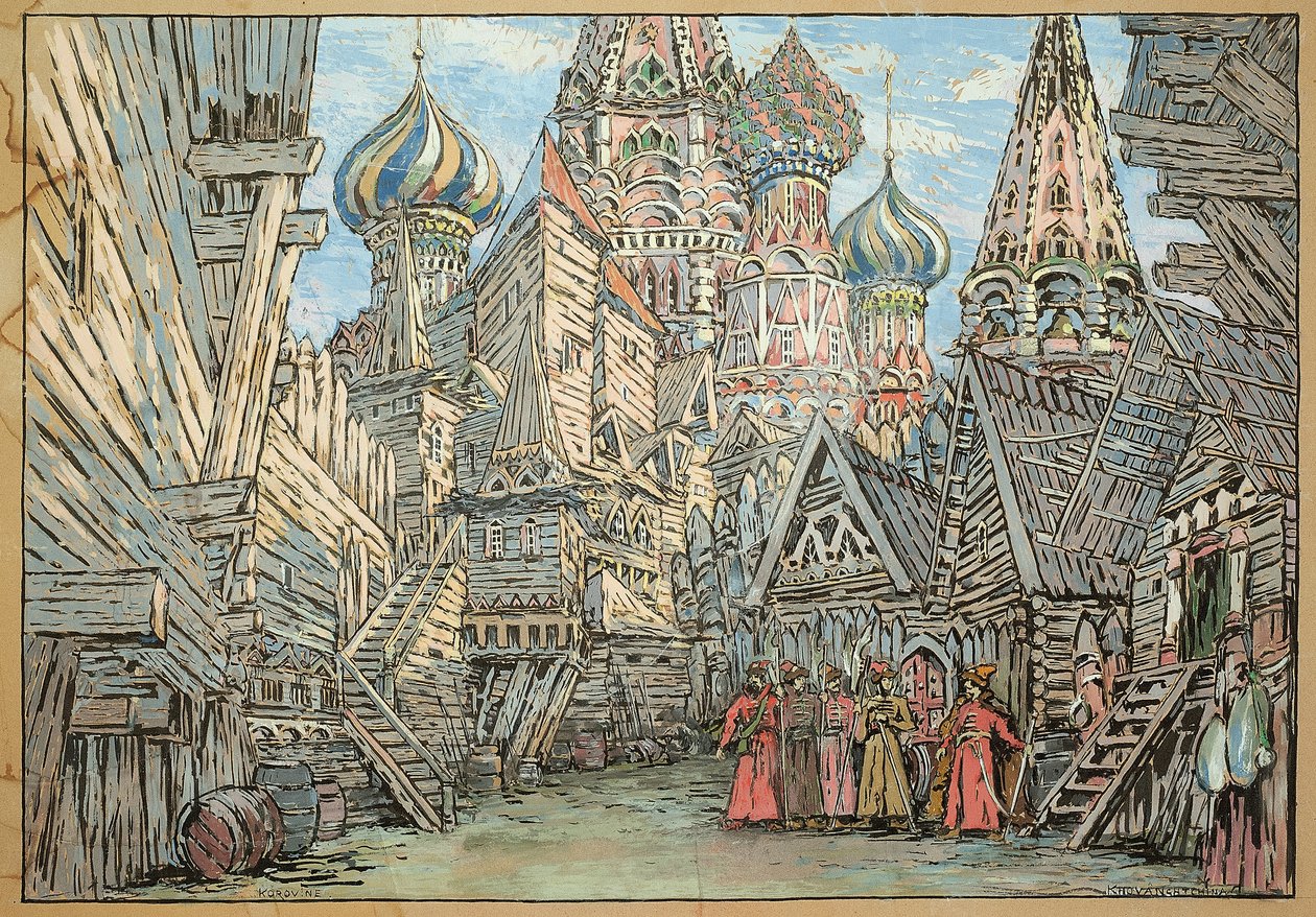 مجموعة تصميم للفصل الأول من أوبرا Khovanshchina (1911) بواسطة كونستانتين ألكسيفيتش كوروفين