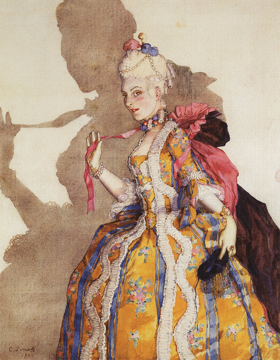 زي بور ماركيز ، مفسر إلى تمارا كارسافينا (1885-1978) - تصميم أزياء تمارا كارسافينا في دور ماركيز. موسيقى موزارت - كونستانتين أندرييفيتش سوموف (1869-1939). ألوان مائية ، غواش على ورق بواسطة كونستانتين أندرييفيتش سوموف