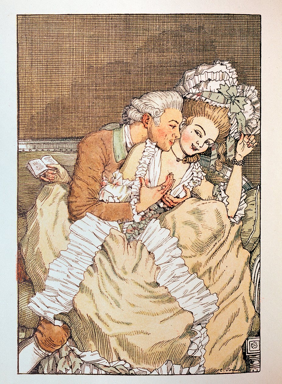 رسم توضيحي لـ "Le Livre de la Marquise" لـ Franz Blei (رسم توضيحي لكتاب Marquise بقلم Franz Blei) (ماركيز يمزح مع عاشق غير صبور) - عمل بقلم كونستانتين (كونستانتين) أندرييفيتش سوموف (1869-1939) ، نقش بواسطة كونستانتين أندرييفيتش سوموف