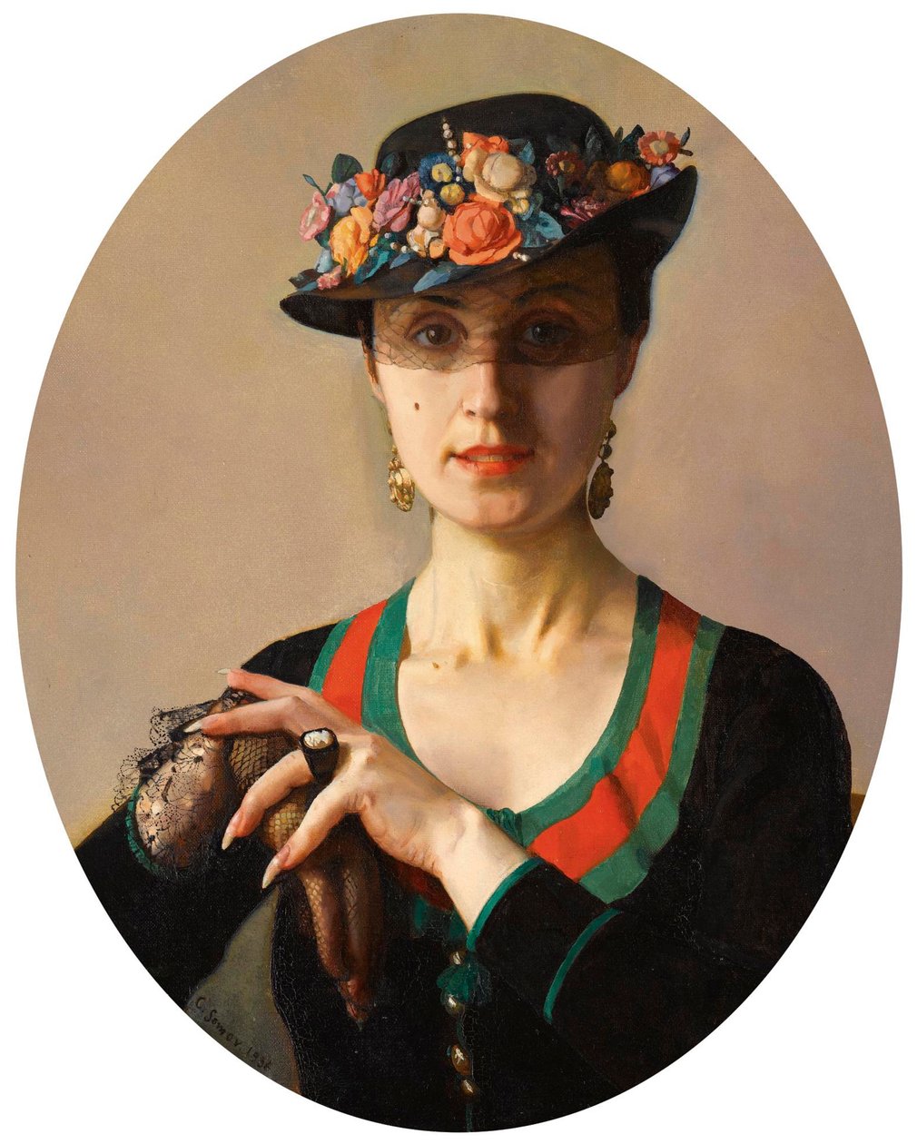 "بورتريه دي دام" (صورة سيدة) ترتدي قبعة مزهرة عليها حجاب لوحة رسمها كونستانتين سوموف (1869-1939) بواسطة كونستانتين أندرييفيتش سوموف