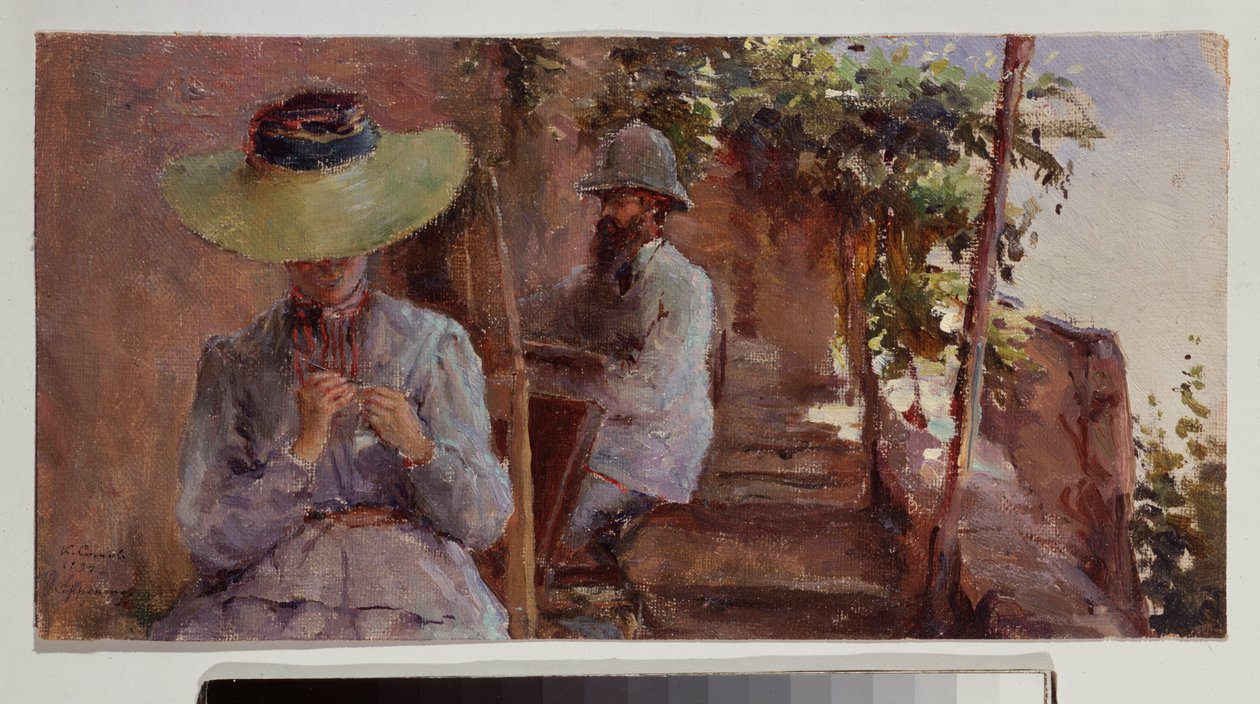 صورة للنحات أرتيمي أوبر (1843-1917) مع زوجته. لوحة لكونستانتين (قسطنطين) أندرييفيتش سوموف (1869-1939) ، زيت على قماش بواسطة كونستانتين أندرييفيتش سوموف