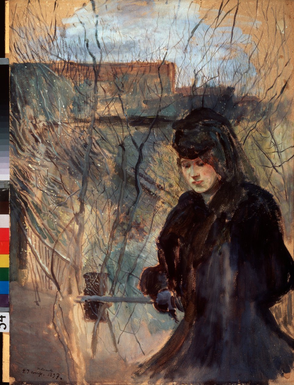 Printemps (الربيع) (امرأة ترتدي ملابس سوداء ، وتبدو حزينة وتنظر إلى أسفل ، متكئة على حاجز رقيق) - عمل كونستانتين (كونستانتين) أندرييفيتش سوموف (1869-1939) ، ألوان مائية وغواش على ورق مقوى بواسطة كونستانتين أندرييفيتش سوموف