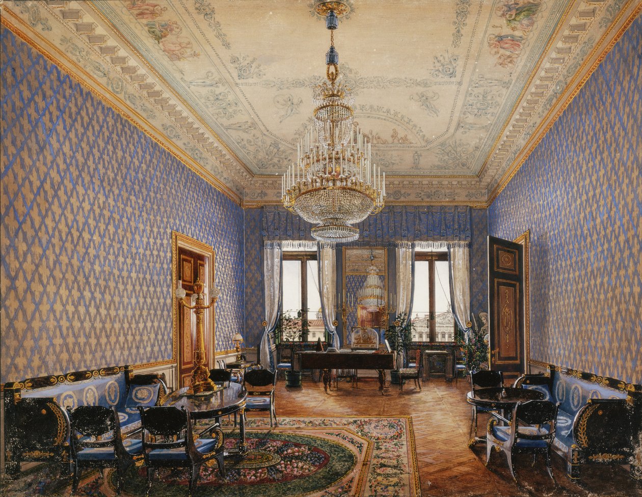 الديكورات الداخلية لقصر الشتاء. غرفة الرسم للأميرة الكبرى ماريا نيكولاييفنا ، 1837 بواسطة كونستانتين أندرييفيتش أوختومسكي