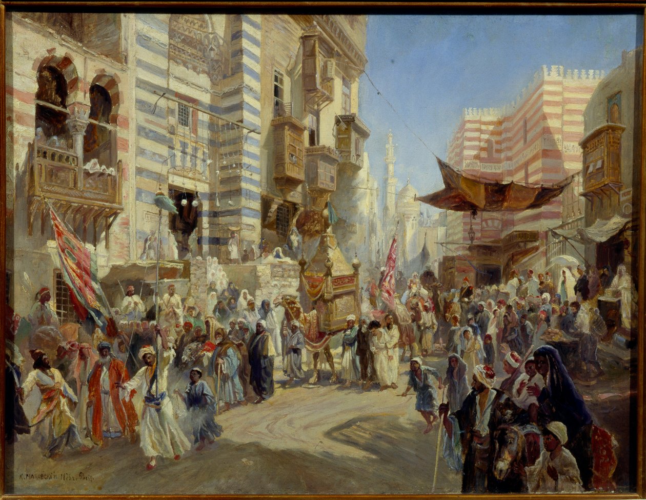 العيد الإسلامي: موكب السجادة المقدسة في شوارع القاهرة في مصر (تسليم السجادة المقدسة في القاهرة) - زيت على قماش رسم قسطنطين إيغوروفيتش ماكوفسكي (قسطنطين ماكوفسكي) (1839-1915) بواسطة كونستانتين إيجوروفيتش ماكوفسكي