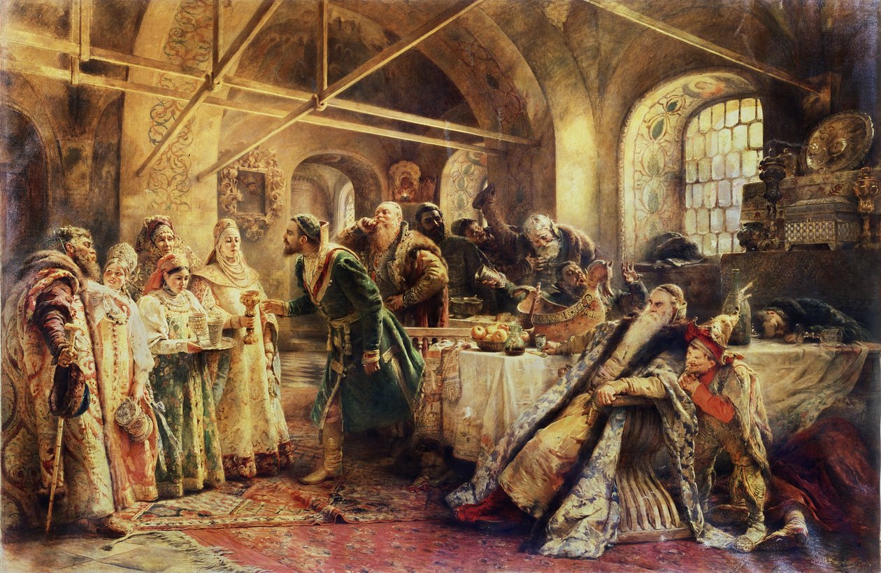 حفل القبلة - في وقت Domostroy ، في دوقية موسكو الكبرى ، يختار Boyar (boiard ، boiar) زوجته المستقبلية ، يرتدي المرشحون ثوب السارافان وغطاء الرأس التقليدي ، kokochnik - لوحة بواسطة كونستانتين إيجوروفيتش ماكوفسكي