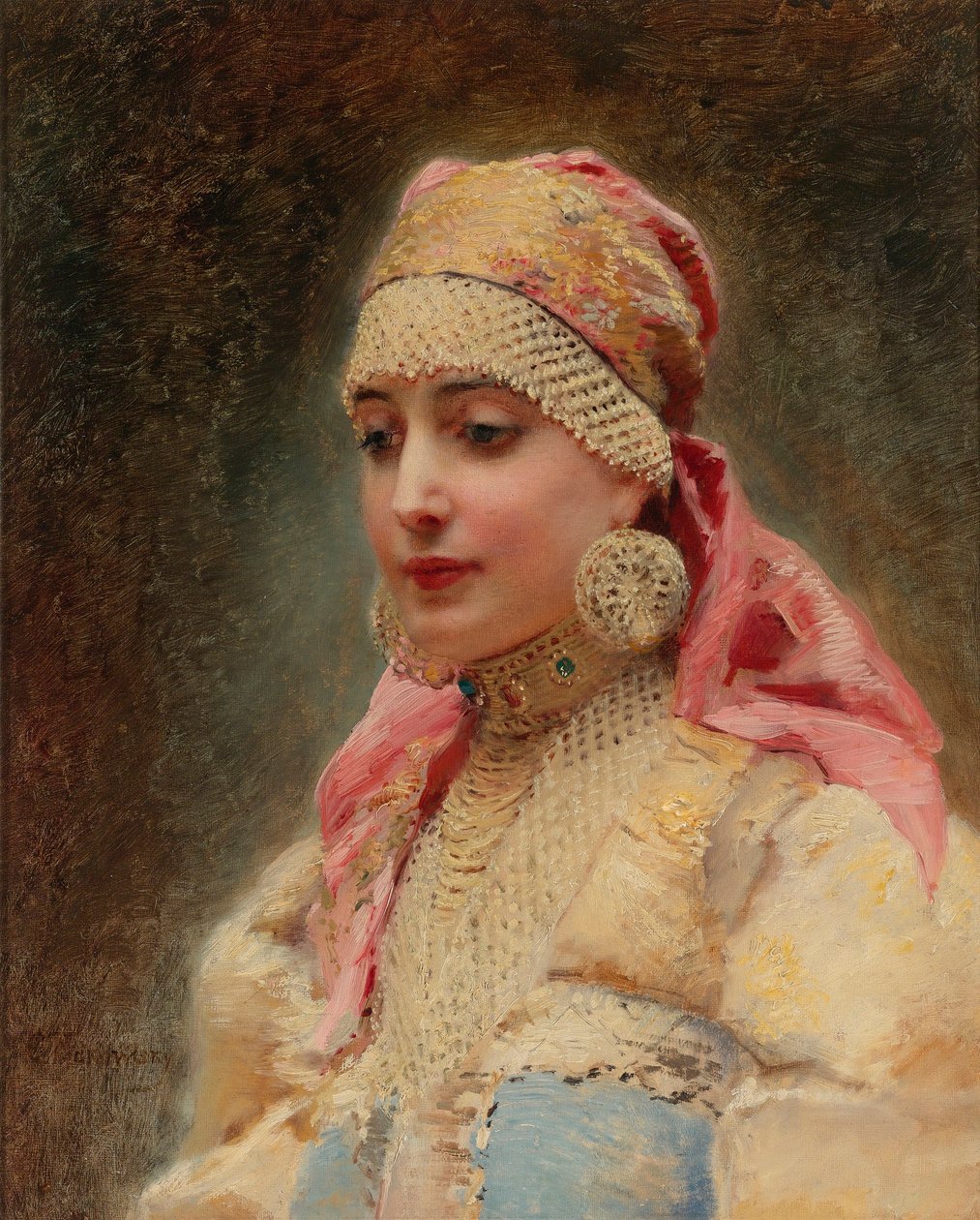 "Portrait de femme de boyard" (boiard، boiar) - لوحة رسمها Konstantin Yegorovich Makovsky (Constantin Makovsky) (1839-1915) ، زيت على قماش ، حوالي عام 1890 - (زوجة بويار ، زيت على قماش بقلم كونستانتين إيغوروفيتش ماكوفسكي بواسطة كونستانتين إيجوروفيتش ماكوفسكي