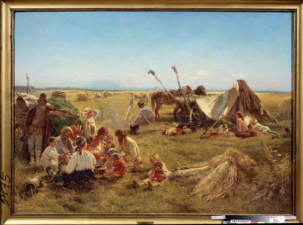 وجبات الفلاحين في موسم الحصاد. (وجبة فلاح في موسم الحصاد). لوحة لكونستانتين إيغوروفيتش ماكوفسكي (كونستانتين ماكوفسكي) (1839-1915) ، زيت على قماش بواسطة كونستانتين إيجوروفيتش ماكوفسكي