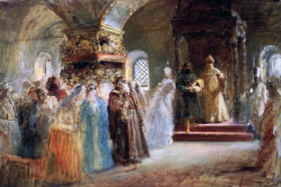 القيصر أليكسي ميخائيلوفيتش (1629-1676) يختار العروس بواسطة كونستانتين إيجوروفيتش ماكوفسكي