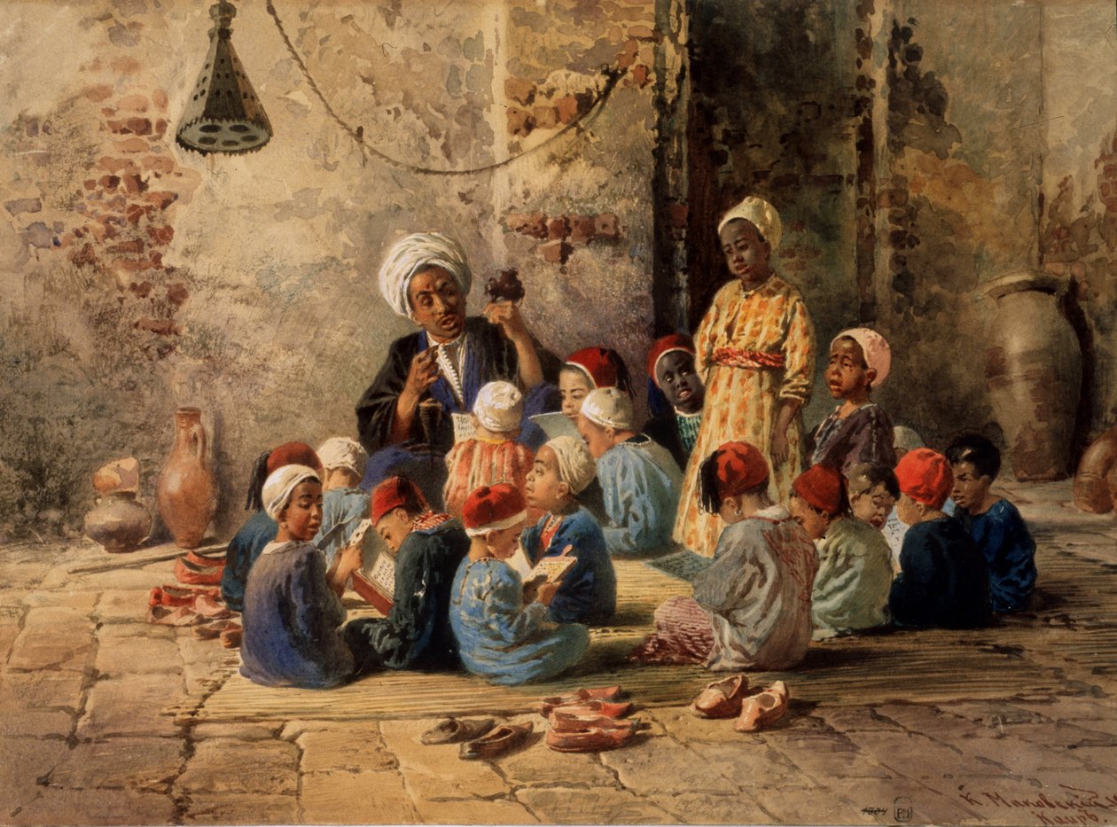 مدرسة في القاهرة (مصر). (مدرسة بالقاهرة). مدرس يستجوب الأولاد في فصل دراسي منظم على بساط على الأرض. صبي يقف بين الآخرين ، جالسًا يقرأ كتابهم المدرسي ، السجادة محاطة بالأحذية بواسطة كونستانتين إيجوروفيتش ماكوفسكي