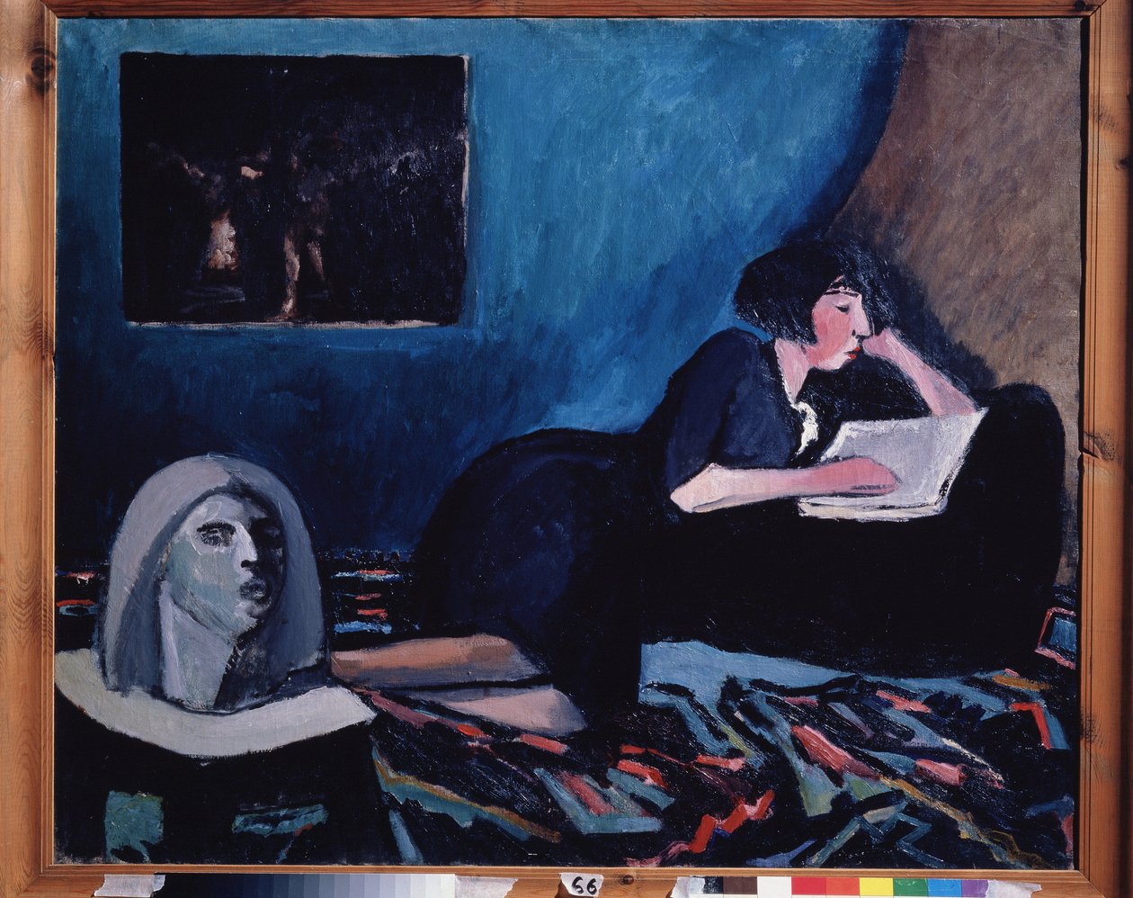 امرأة تقرأ (امرأة تقرأ). لوحة لكونستانتين نيكولايفيتش إستومين (1887-1942) ، زيت على قماش 1931 الفن الروسي الحديث ، القرن العشرين. معرض الدولة تريتياكوف ، موسكو. بواسطة قسطنطين استومين