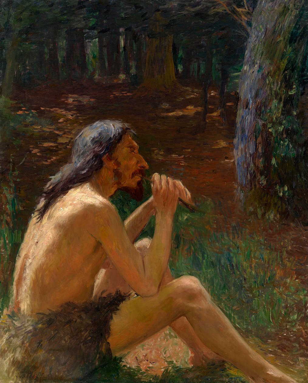رجل الكهف يعزف على الفلوت - لوحة لكونستانتين بافلوفيتش كوزنتسوف (1863-1936) ، زيت على قماش (95 × 77 سم) ، الفن الروسي في القرنين التاسع عشر والعشرين - مجموعة خاصة بواسطة كونستانتين بافلوفيتش كوزنتسوف
