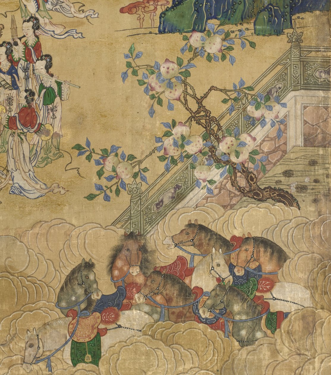 التفاصيل من مأدبة Seowangmo ، c.1800 (حبر ، لون وذهب على الحرير) بواسطة المدرسة الكورية