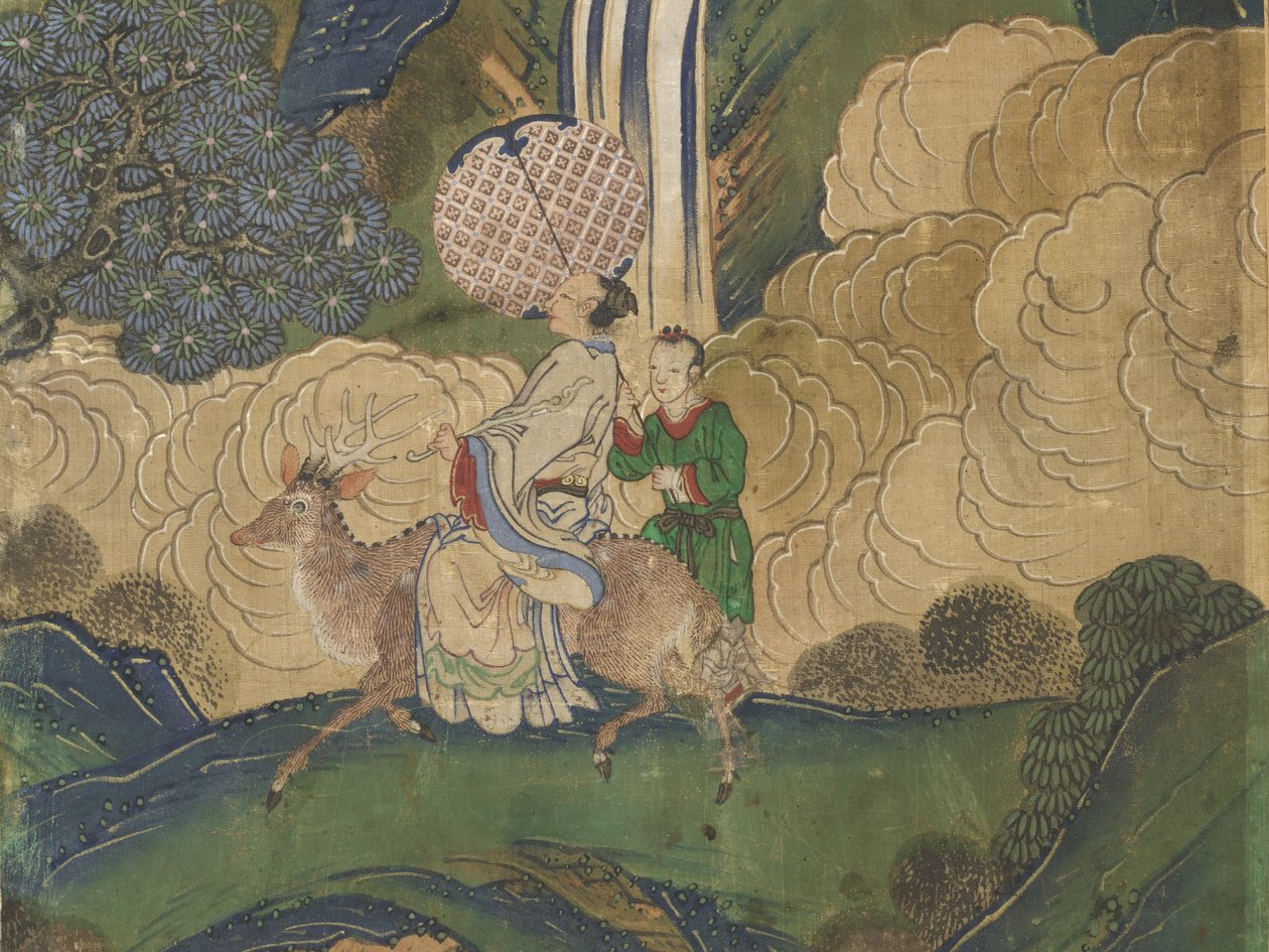 ضيف قادم ، التفاصيل من مأدبة Seowangmo ، c.1800 (حبر ، لون وذهب على الحرير) بواسطة المدرسة الكورية