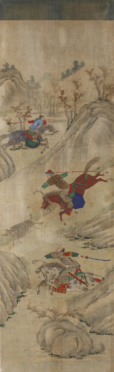 مشهد الصيد (3 فرسان وخنزير) (مرحاض على ورق) بواسطة المدرسة الكورية
