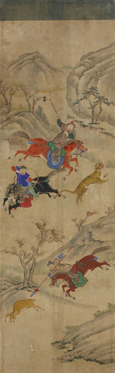 مشهد الصيد (3 فرسان صيد الغزلان والنمر) (مرحاض على ورق) بواسطة المدرسة الكورية