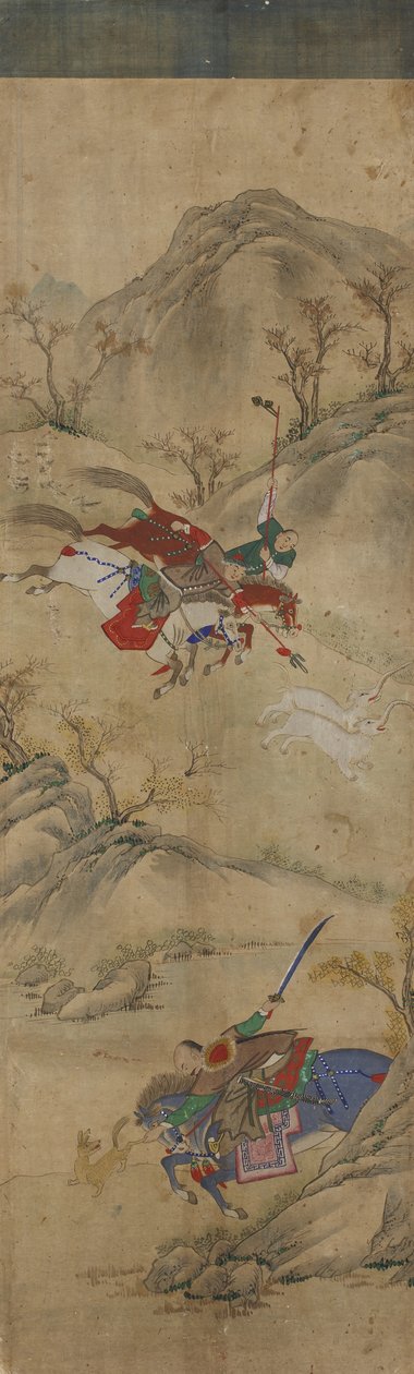 مشهد الصيد (3 فرسان مع أرنب وحيوانات أسطورية) (مرحاض على ورق) بواسطة المدرسة الكورية