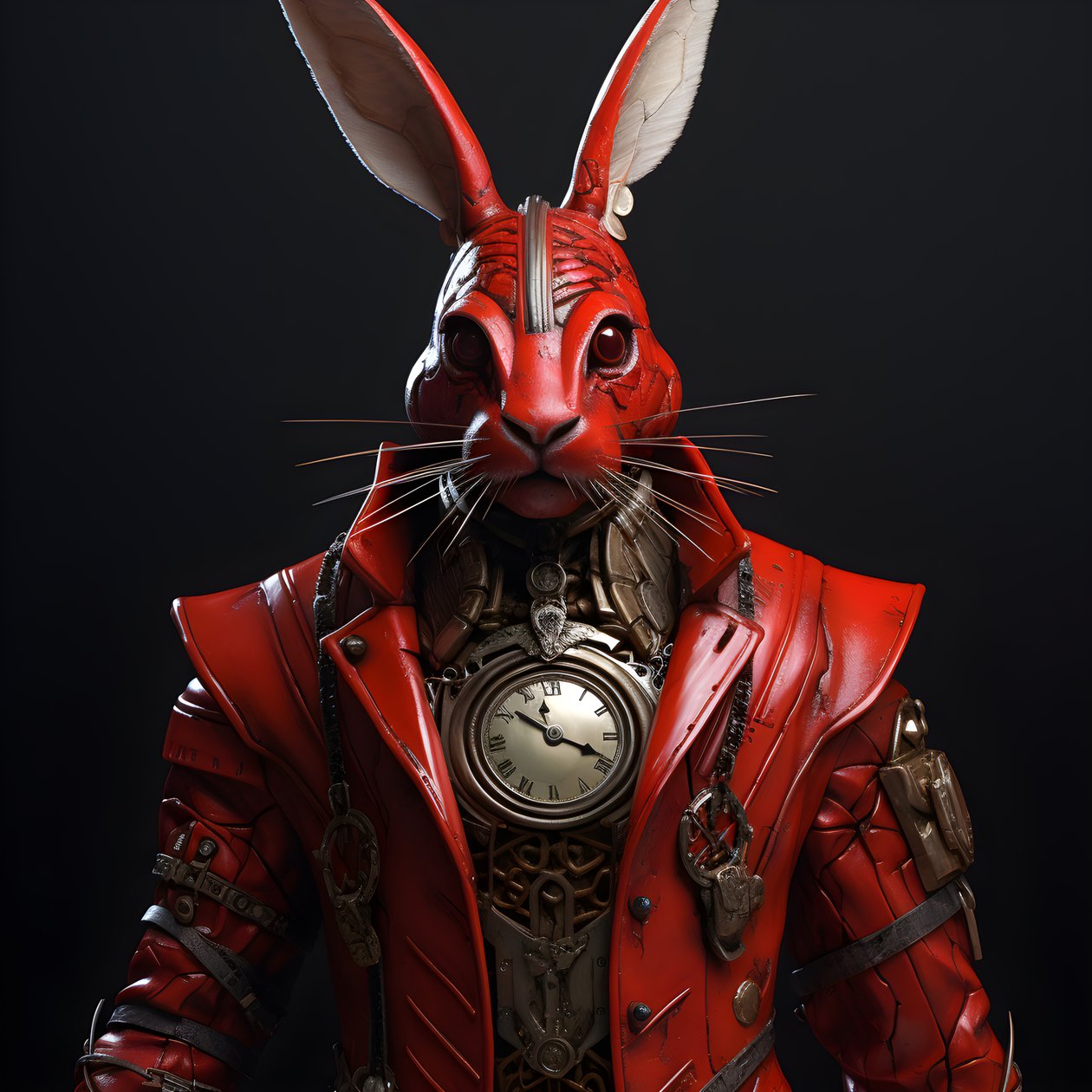 ساعة إلكترونية مجسمة للرجال من طراز Punk Android Bunny، ترتدي معطفًا أحمر اللون 1 بواسطة كيرت هيبك