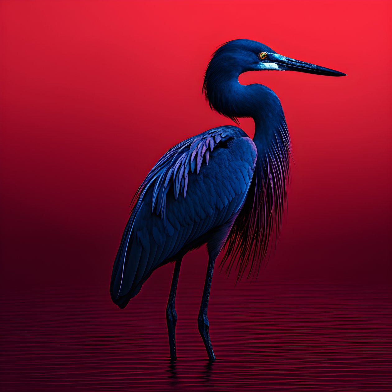 قطعة فنية رقمية رفيعة من Synthwave لطائر البلشون الأزرق الكوبالت الغريب على ورق أحمر 3 بواسطة كيرت هيبك