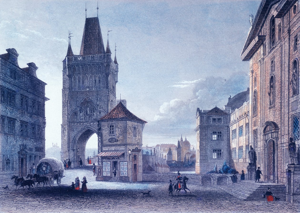 برج جسر البلدة القديمة ، 1840 (نقش الفولاذ الملون) بواسطة L. and Poppel ، J. Lange