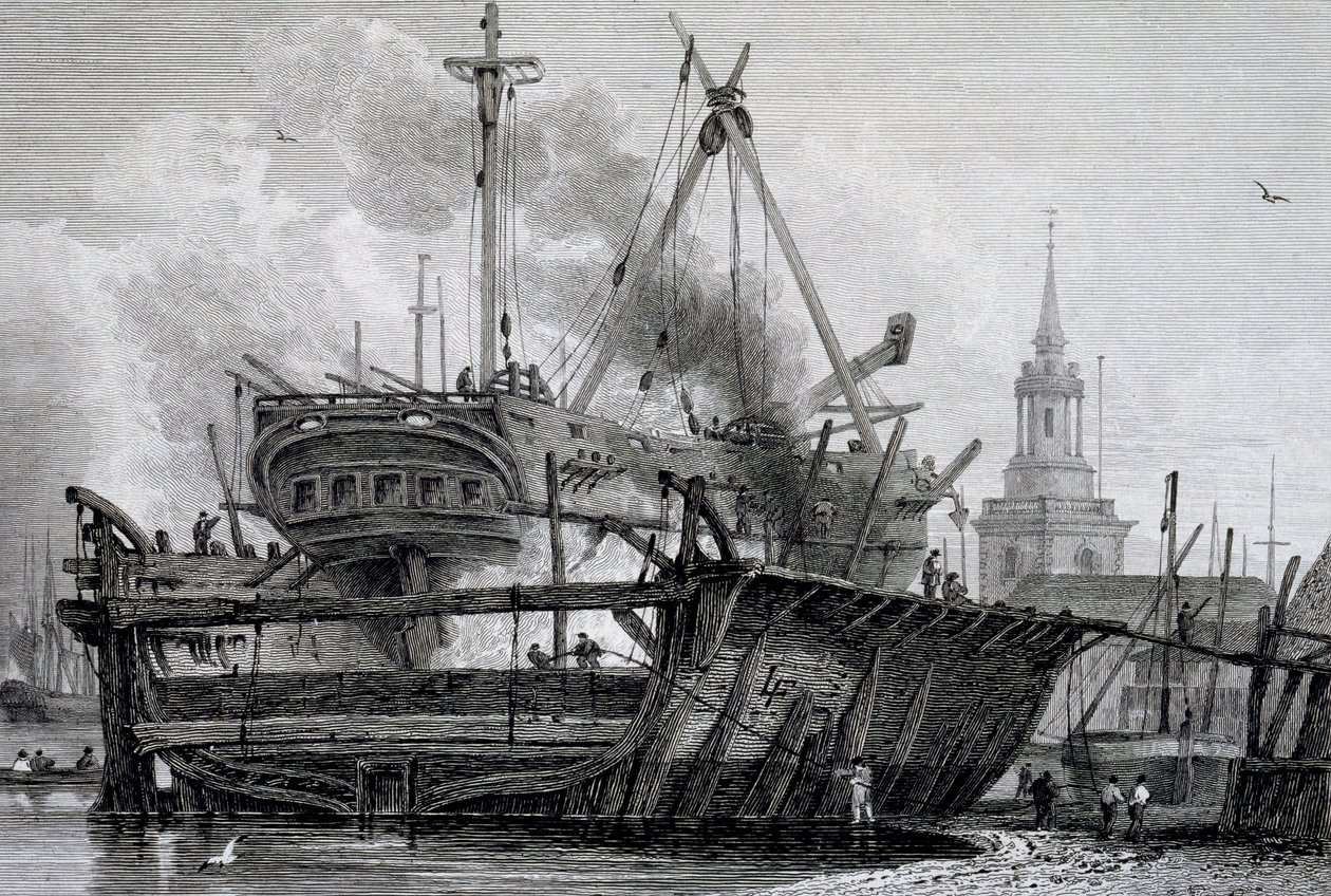 روثيثي ، الرصيف العائم في عام 1815 ، منقوش من قبل جي سي ألين ، من مناظر على نهر التايمز التي نشرها WB & George Cooke ، 1822 بواسطة فرانسيا
