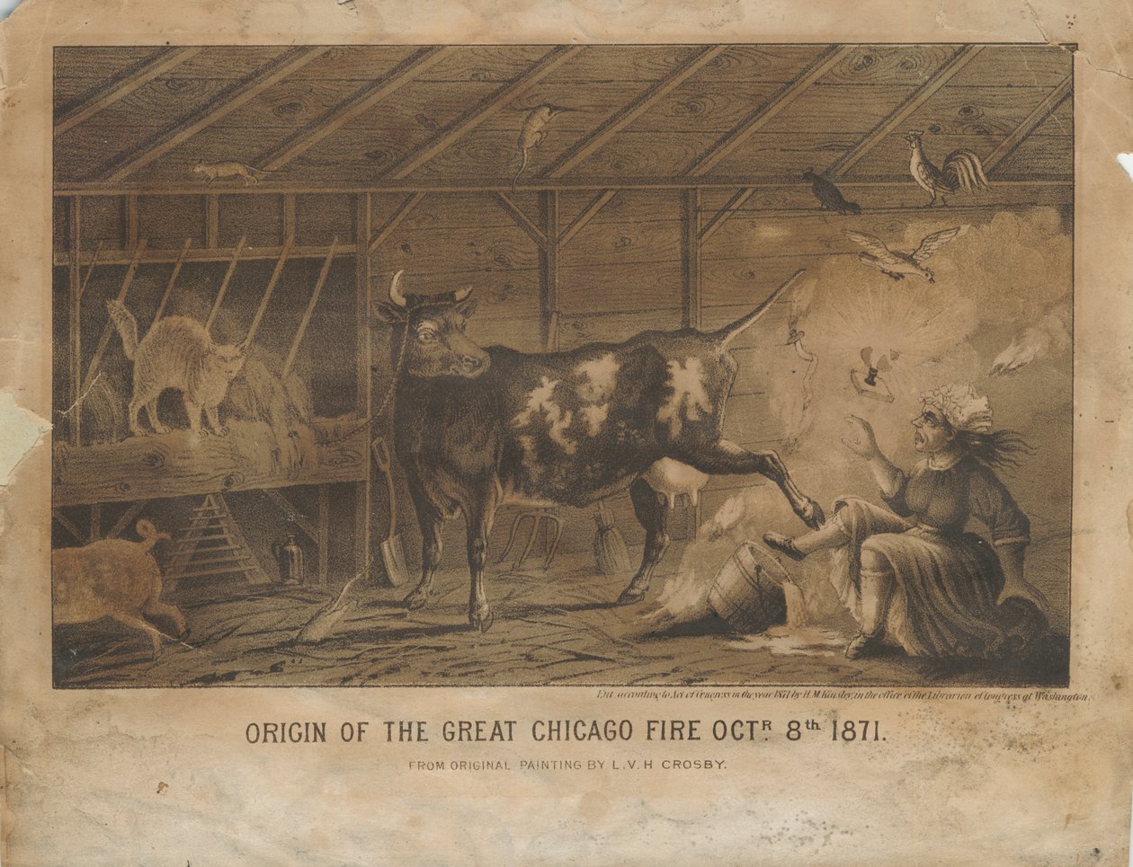 أصل حريق شيكاغو العظيم 8 أكتوبر 1871 ، c.1872 بواسطة LVH بعد كروسبي