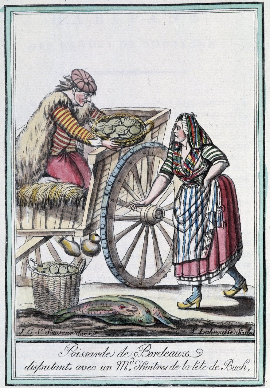 Poissarde de Bordeaux يتنازع مع تاجر محار من رأس Buch - في "" Encyclopedia of Travels "بقلم J. Grasset St Sauveur ، Deron ، Paris بواسطة LF Labrousse