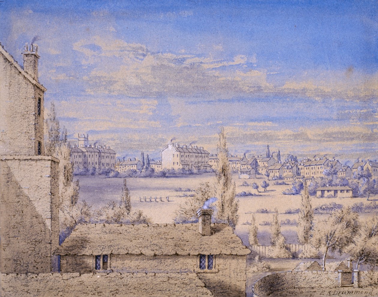 منظر لقرية بلغريف ينظر إليها من رقم 6 جروفنور بليس ، لندن ، c.1820 (مرحاض وقلم رصاص على ورق) بواسطة سيدة إميلي دروموند