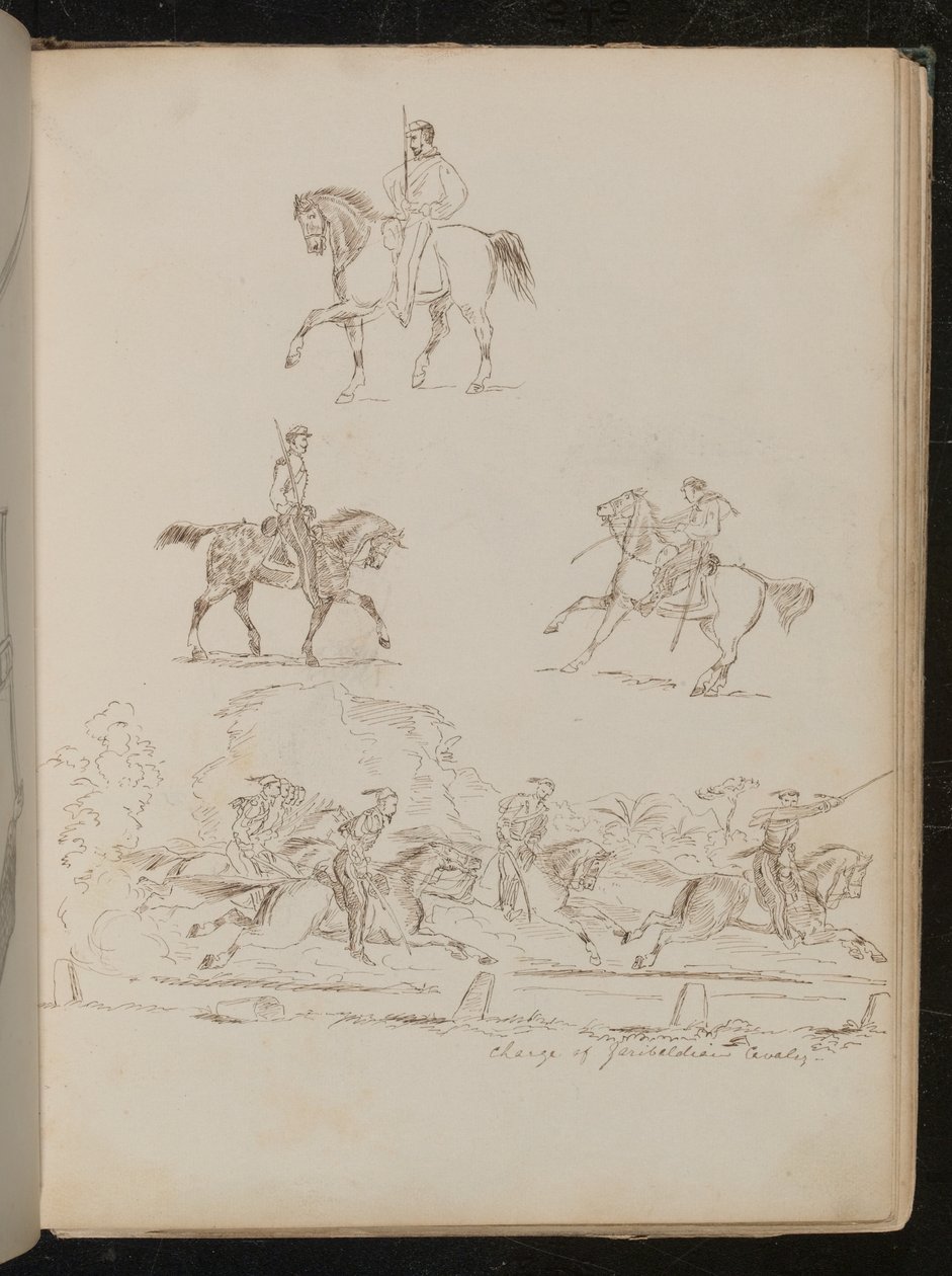 دراسات لجنود على ظهور الخيل ، مشهد المجموعة مكتوب عليه "المسؤول عن سلاح الفرسان الغاريبالدي" (قلم حبر وحبر) بواسطة سيدة بتلر