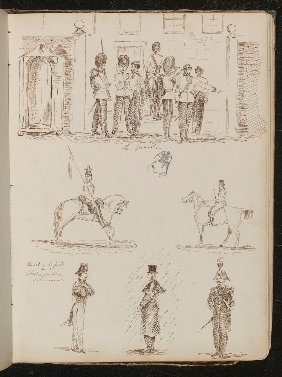 دراسة "الحرس" ، دراستان للجنود على ظهور الخيل ، وثلاث دراسات لرجال الشرطة الفرنسيين والإنجليز والبييمونتيين بواسطة سيدة بتلر