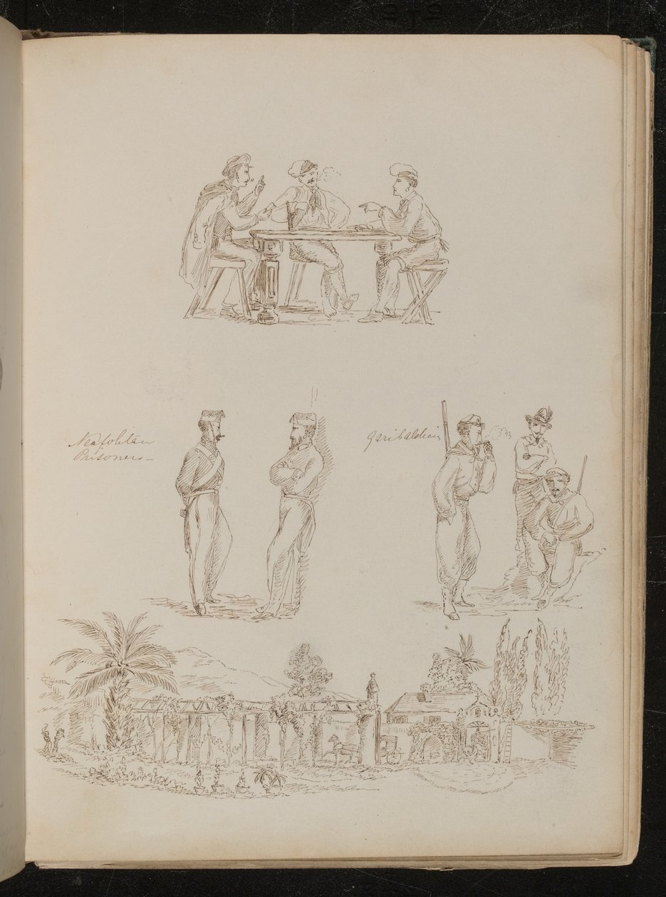 ثلاثة جنود يلعبون الورق ، اثنان من "السجناء الجدد" في حديث ، وثلاثة من "الغاريبالديين" مرتاحين ويدخنون ، فيلا في جنوة بواسطة سيدة بتلر
