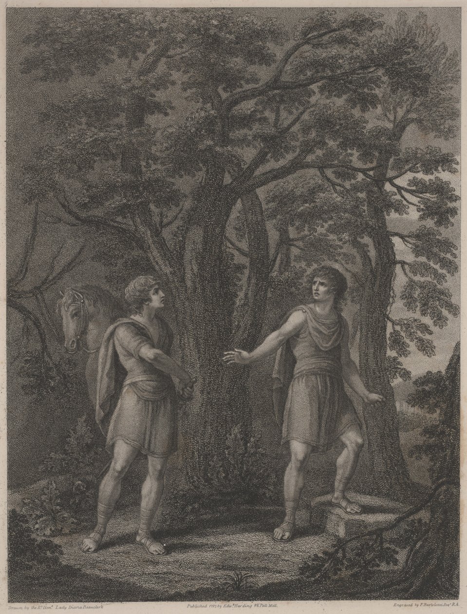 رسم توضيحي من "Palamon and Arcite" ، طباعة رسمها فرانشيسكو بارتولوزي 1797 (نقش بالنقط) بواسطة سيدة ديانا (بعد) Beauclerk