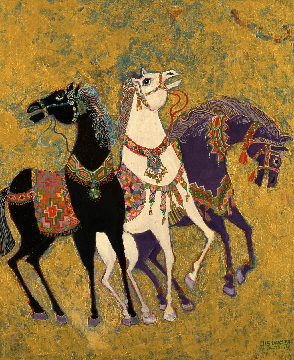 3 خيول ، 1975 (أكريليك على ظهر السفينة) بواسطة ليلى شوا