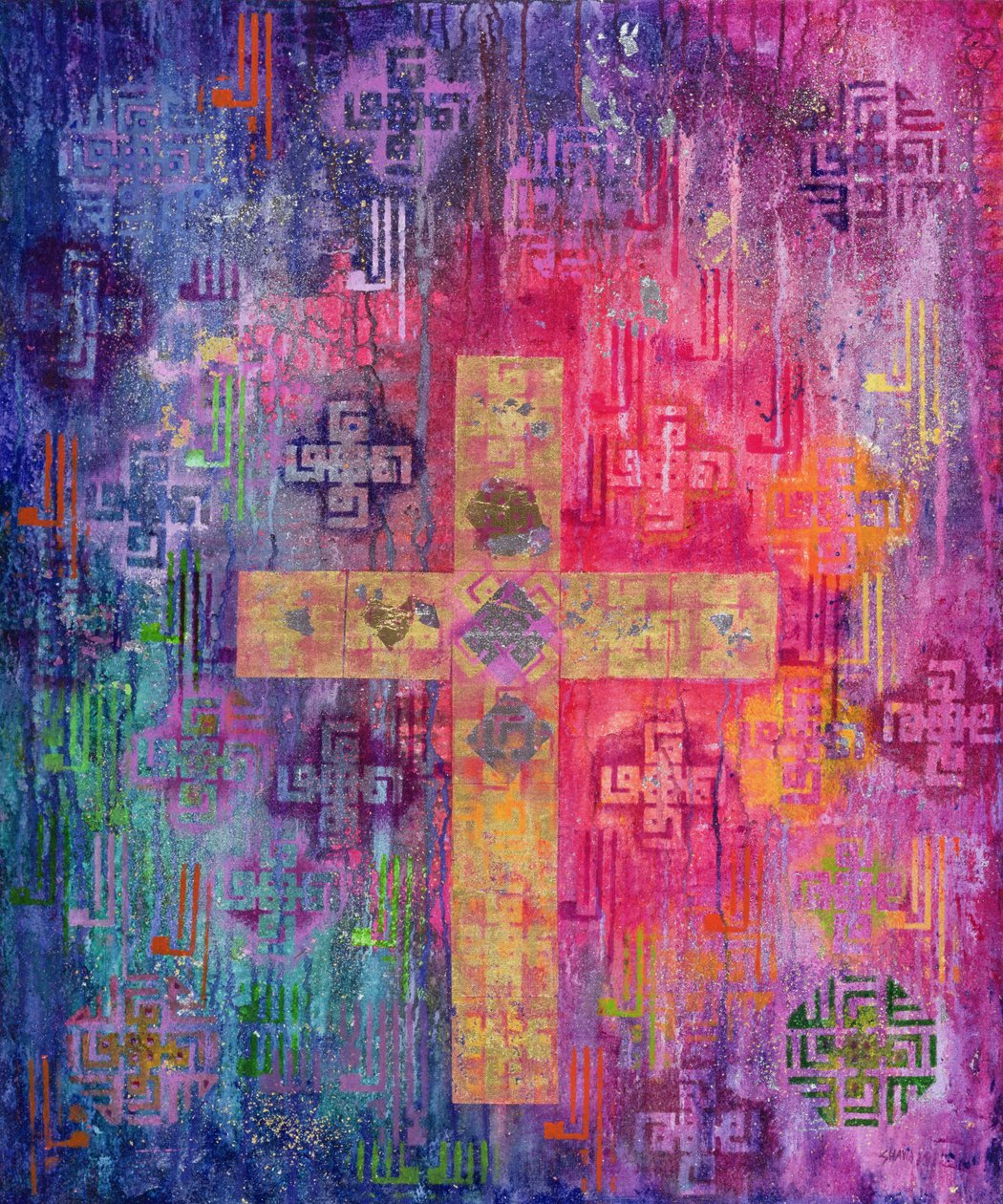 Eastern Cross، 2000 (أكريليك وورق ذهبي على قماش) بواسطة ليلى شوا