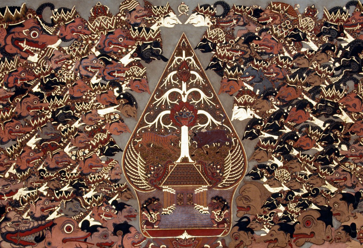 Painting in Wayang Beber style which is inspired by Theatre of Shadows (wayang kulit), Mangkunegaran Palace, Surakarta, Java, Indonesia بواسطة ليلى (فنانة معاصرة) الشوا