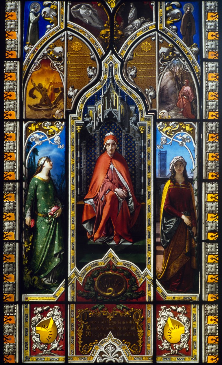 The triumph of Dante (1851), stained-glass window by Giuseppe Bertini (1825-1898), Poldi Pezzoli Museum, Milan, Lombardy, Italy بواسطة ليلى (فنانة معاصرة) الشوا