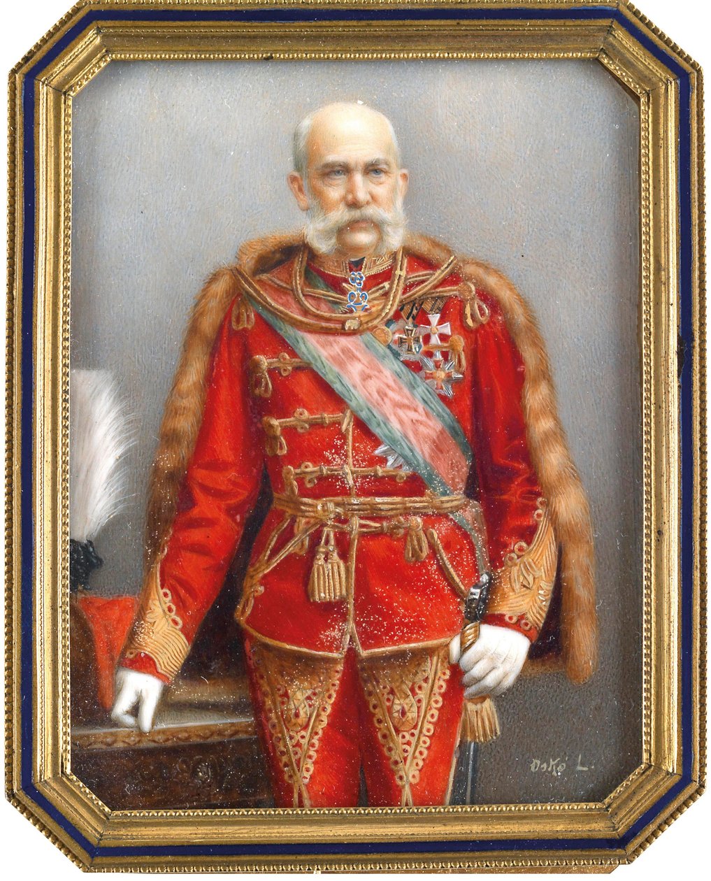 صورة لفرانسوا جوزيف الأول ملك النمسا (1830-1916) بالزي الهنغاري. عمل لايوس أوسكو (1865-1922) ، ألوان مائية وغواش على القرن. الفن المجري ، الفن الأكاديمي. مجموعة خاصة. بواسطة لاجوس أوسكو