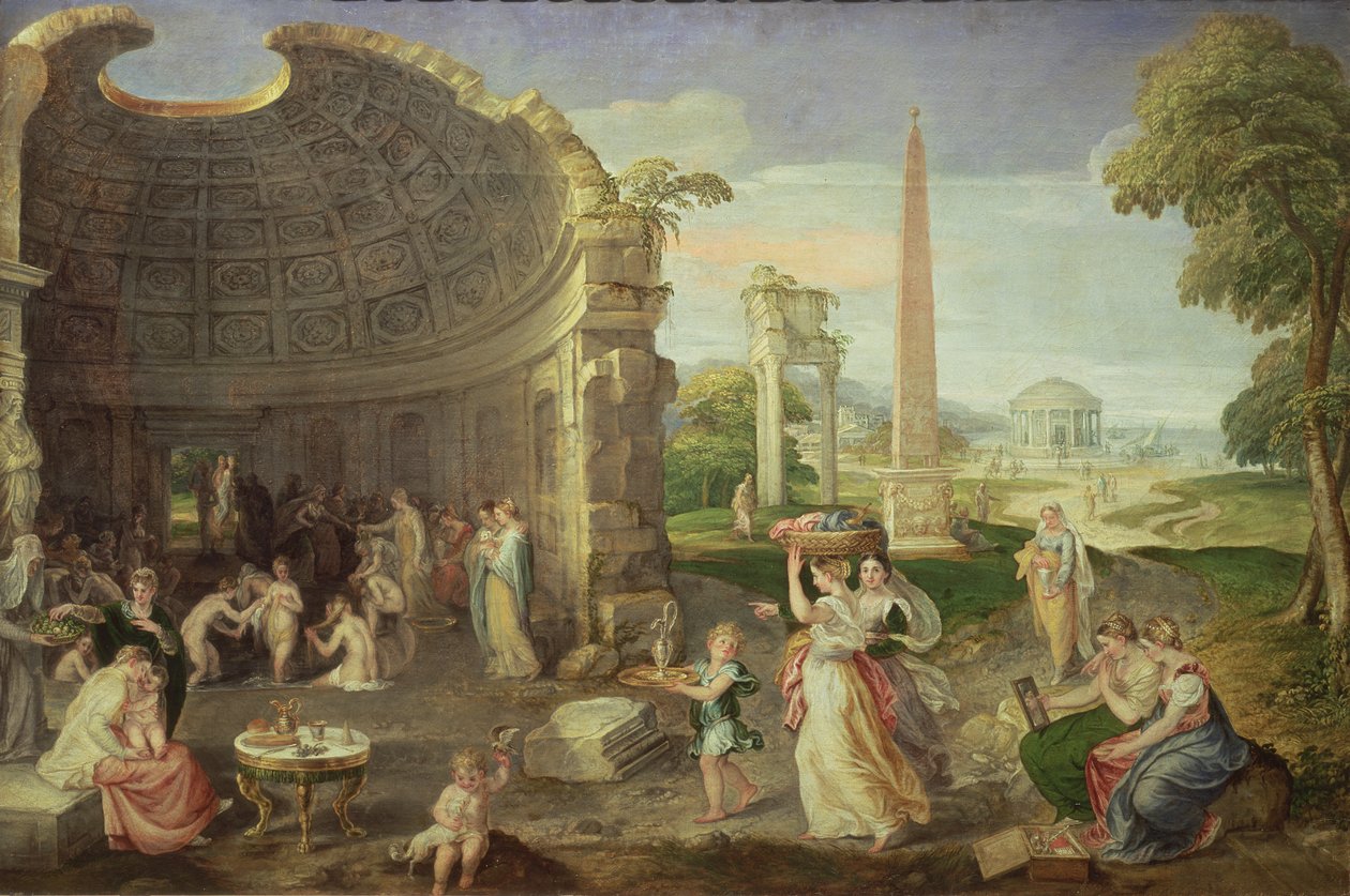 منظر طبيعي مع أطلال كلاسيكية وحمامات النساء ، ج.1552-53 بواسطة لامبرت سوستريس