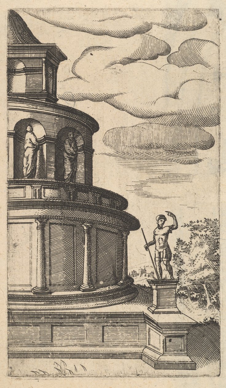 منظر جزئي لمبنى [Sepulchrum Adriani] من سلسلة 'Ruinarum variarum fabrica ...، 1554 بواسطة لامبرت سافيوس