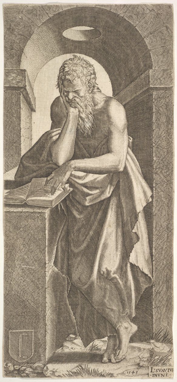 القديس سيمون واقفًا أمام كتاب مفتوح بأصابع يده اليسرى مضغوطة على ... ، 1545. بواسطة لامبرت سافيوس