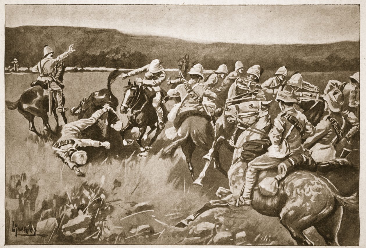 The Ambuscade at Koorn Spruit ، التوضيح من "معارك القرن التاسع عشر ، المجلد. سادساً: حرب البوير 1899-1900 "بقلم أرشيبالد فوربس ، GA Henty والرائد آرثر جريفيثس بواسطة لانس ثاكيراي