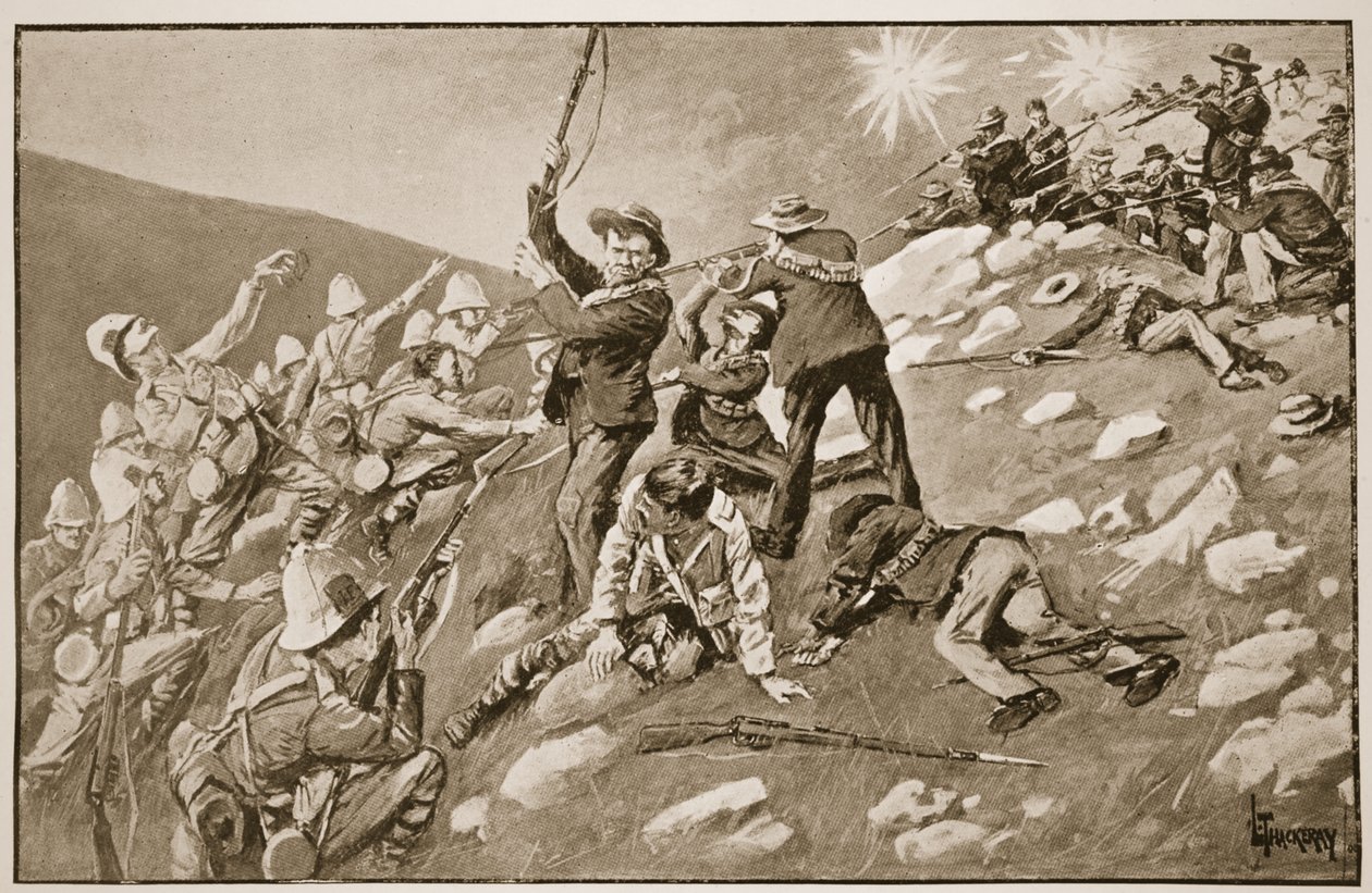 تهمة Inniskillings: معركة تل بيتر ، التوضيح من "معارك القرن التاسع عشر ، المجلد. سادسا: حرب البوير 1899-1900 &39;بواسطة أرشيبالد فوربس ، GA هنتي والرائد آرثر بواسطة لانس ثاكيراي