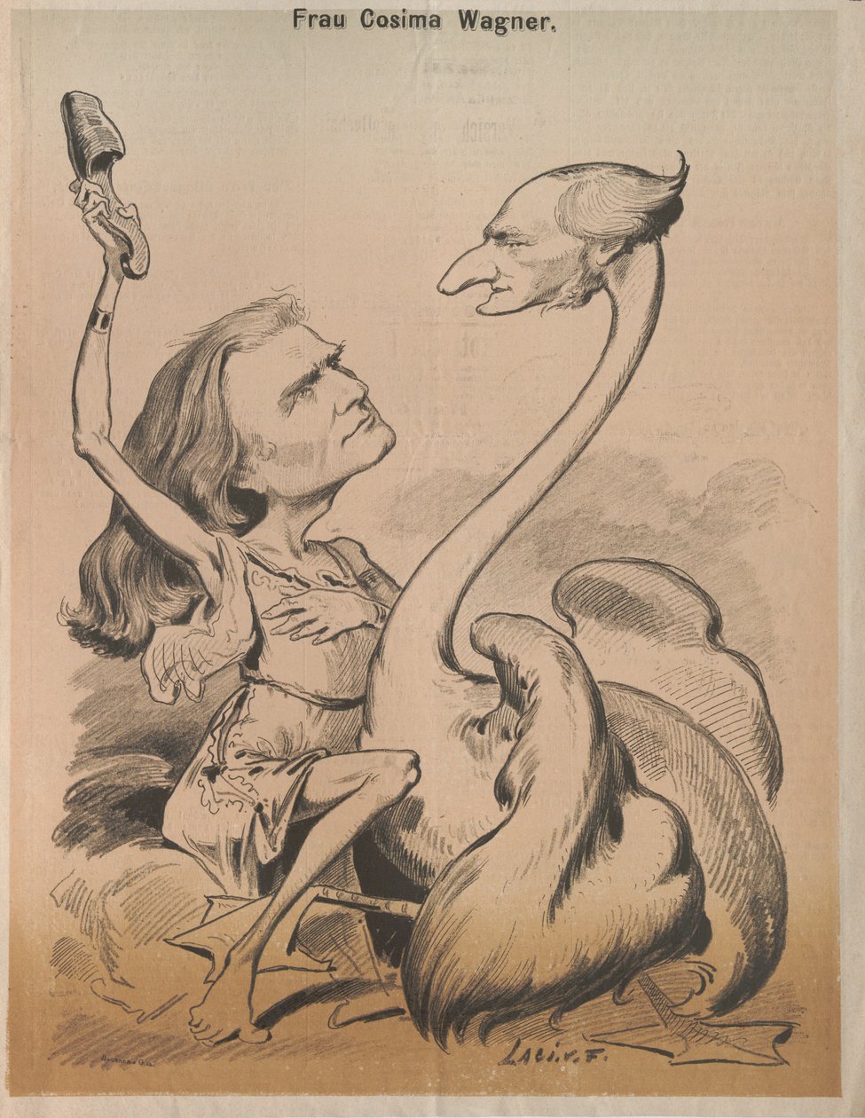ريتشارد فاغنر في دور Swan و Cosima Wagner في دور Leda Cover of Die Bombe ، 1875. بواسطة لازلو فريكسكي