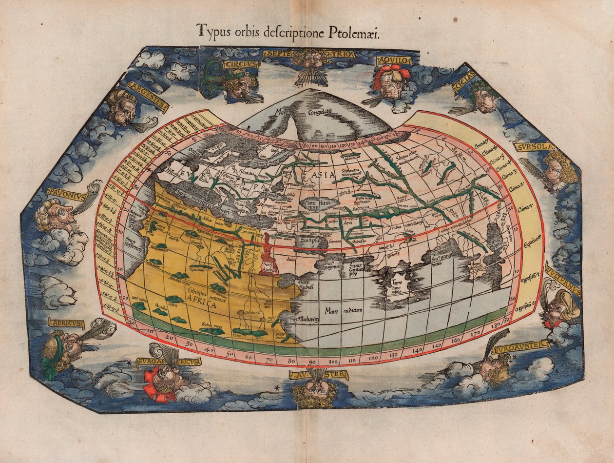 خريطة العالم كما كتبها بطليموس (Typus Orbis Descriptione Ptolemaei) بقلم لوران فرايز من غاسبار تريشسل 1541 المعاد طبعه لخرائطه التي كتبها عام 1522 لجغرافيا بطليموس بواسطة لوران فرايز