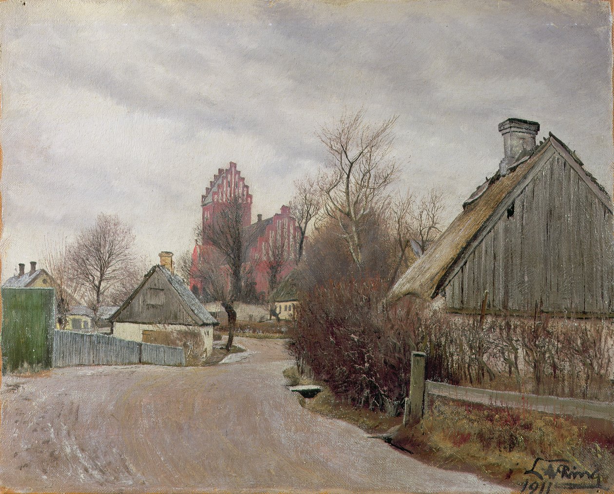 Gade i Hoje Taastrup (طريق ريفي به منازل ريفية وكنيسة طويلة) عام 1911 بواسطة خاتم Andersen من Laurit