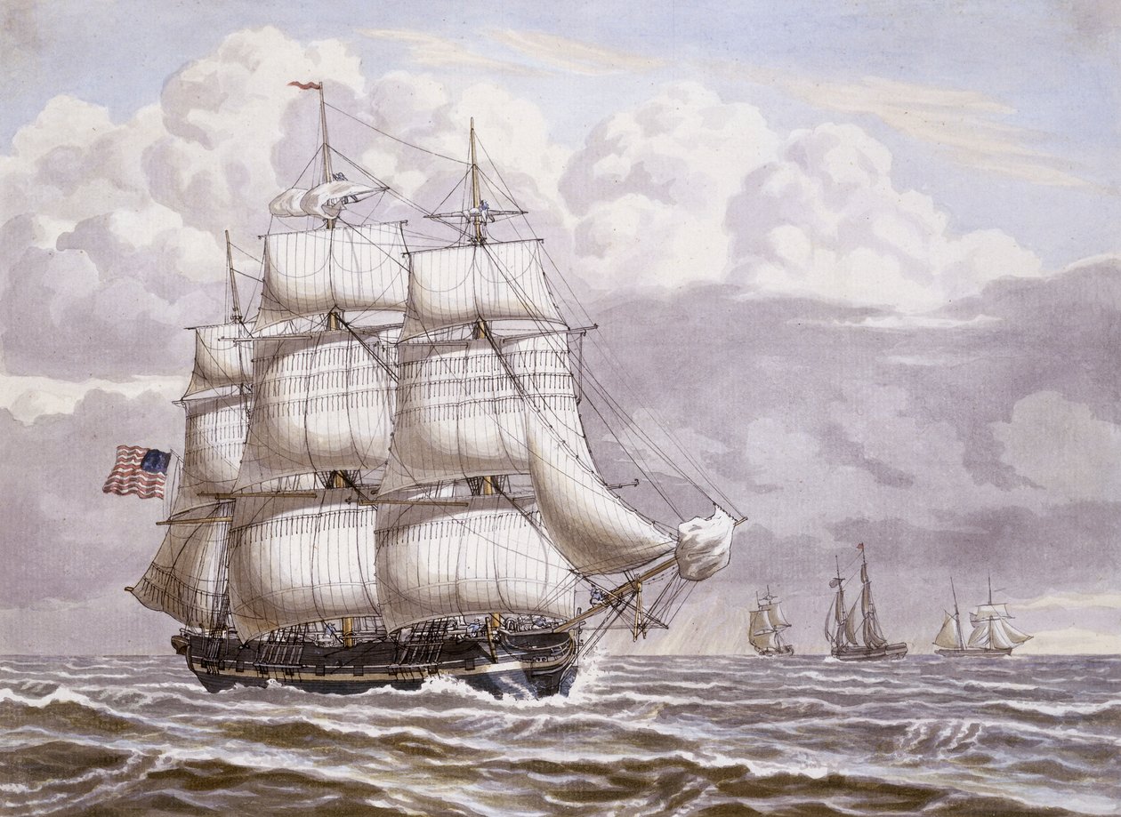فرقاطة أمريكية تحت الشراع ، مع شحن آخر ، 1832 بواسطة لوريتز راسموس لينجبي