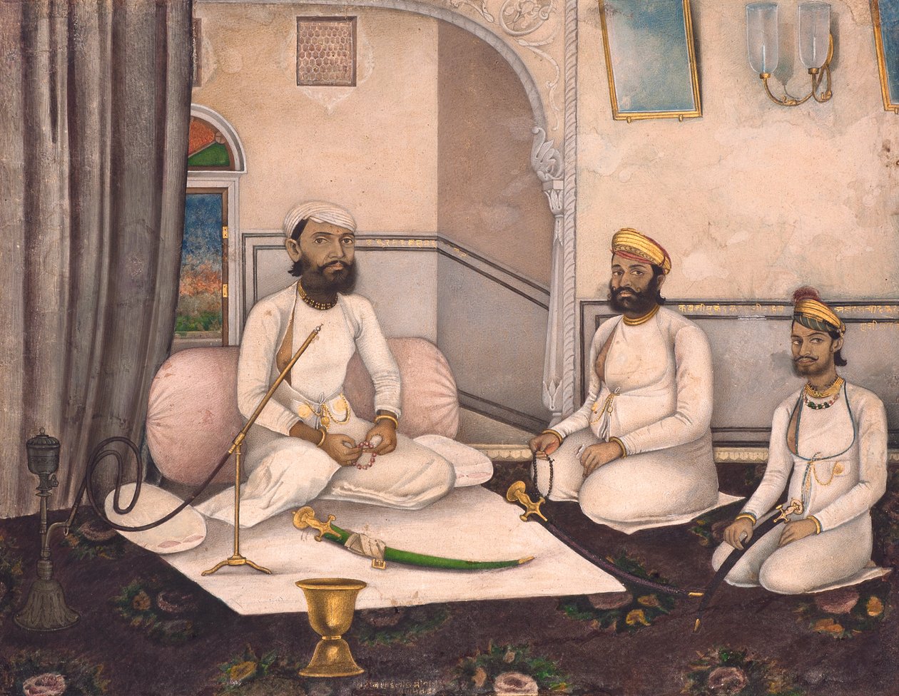 Thakur Sahab Samadr Karanji مع Kabraji Mukandra Karanji Sahab و Bhao Raj Cha ، c.1875 (مرحاض غير شفاف وذهب على ورق) بواسطة لاكسمي نارايان