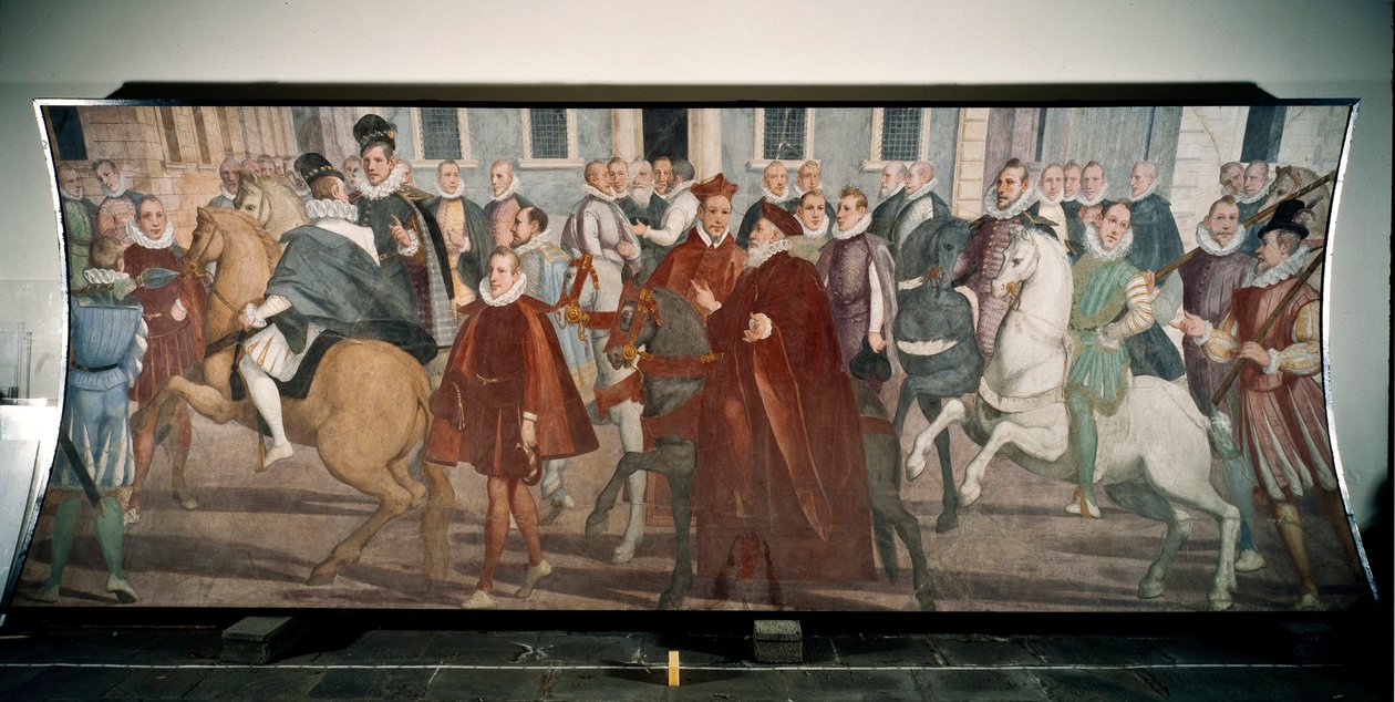 دوج جياكومو دورازو غريمالدي يقود الكاردينال فرانشيسكو باتشيكو في شوارع الجينات عام 1574 (لوحة جدارية بواسطة لازارو تافاروني
