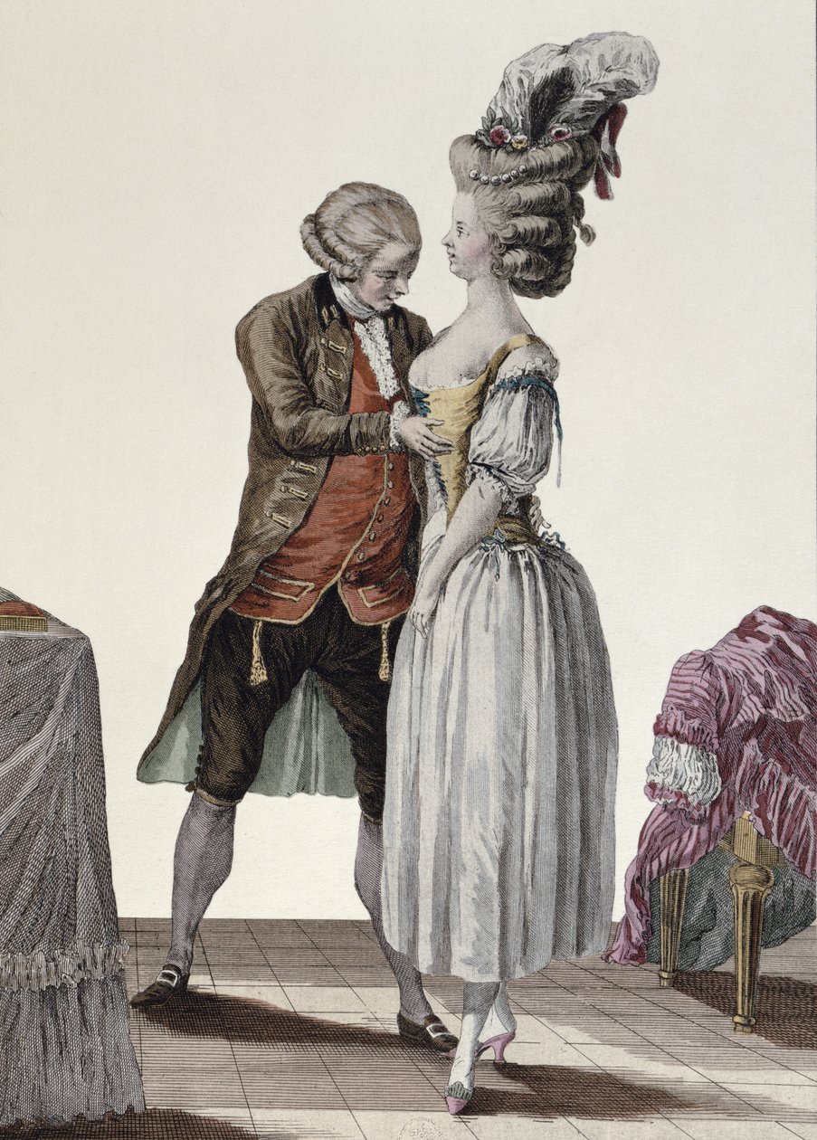 خياط يجرب مشدًا عصريًا على سيدة ، لوحة من `` Galerie des Modes et Costumes &39;&39; ، منقوش بواسطة Dupin ، c.1778-87 بواسطة لو كلير